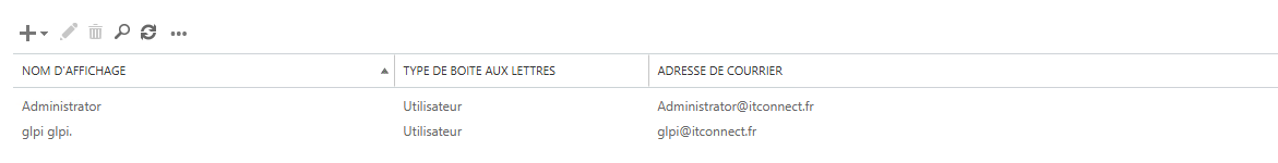 Aperçu du compte créé dans Exchange