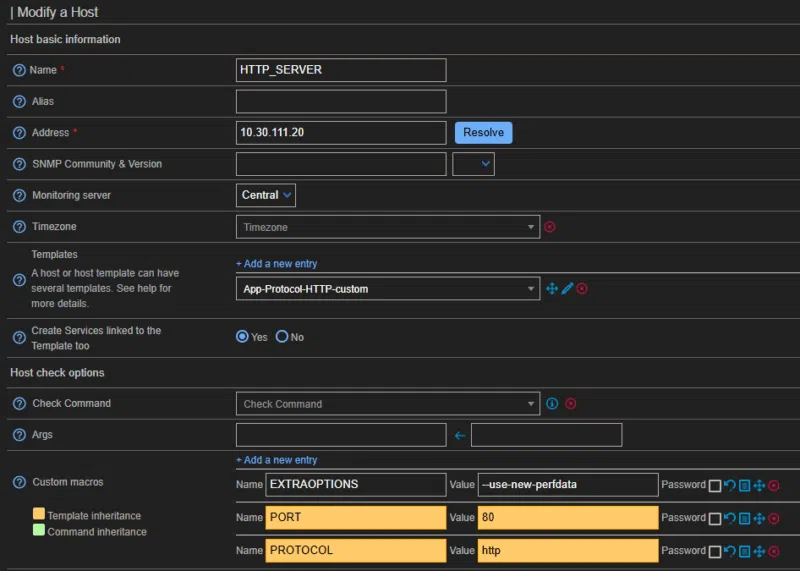 Création de l'hôte HTTP Server dans Centreon